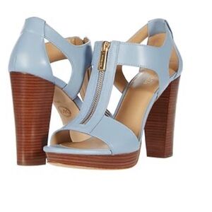 Michael Kors Light Blue Leather Zip Front Block Heel Sandal